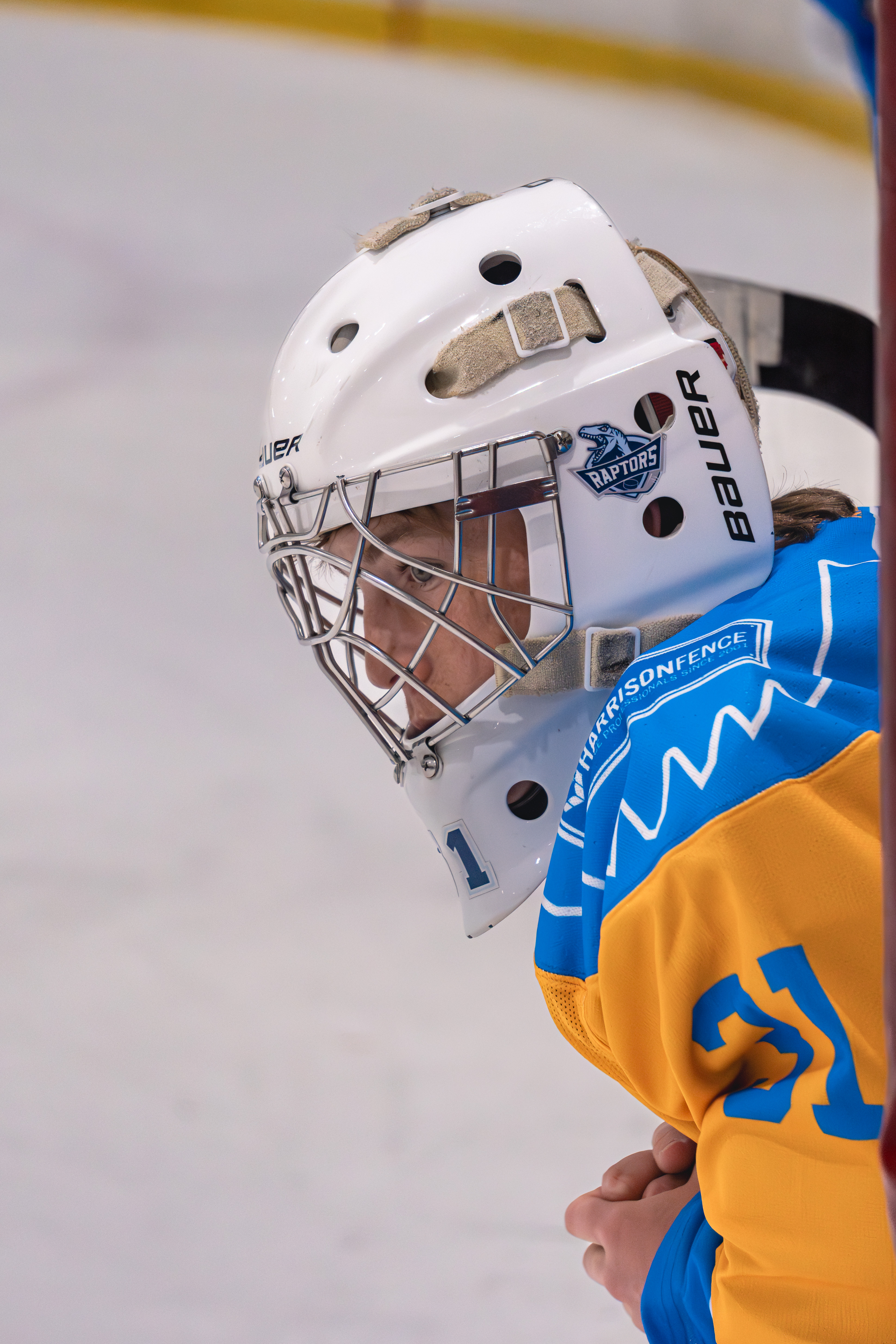Goalie leaning over the bench during a Wake Forest hockey game