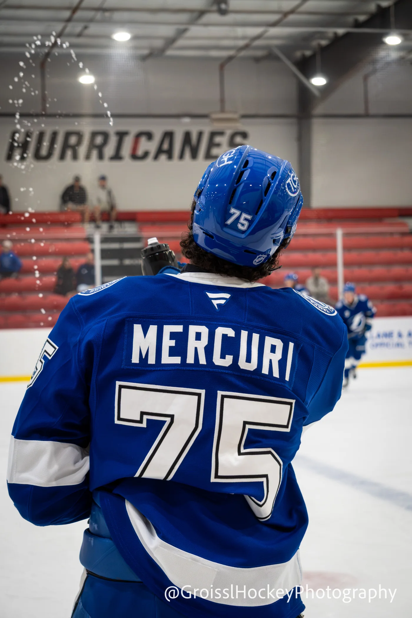 Lucas Mercuri seen from behind on the ice during the 2026 NHL Prospects Showcase