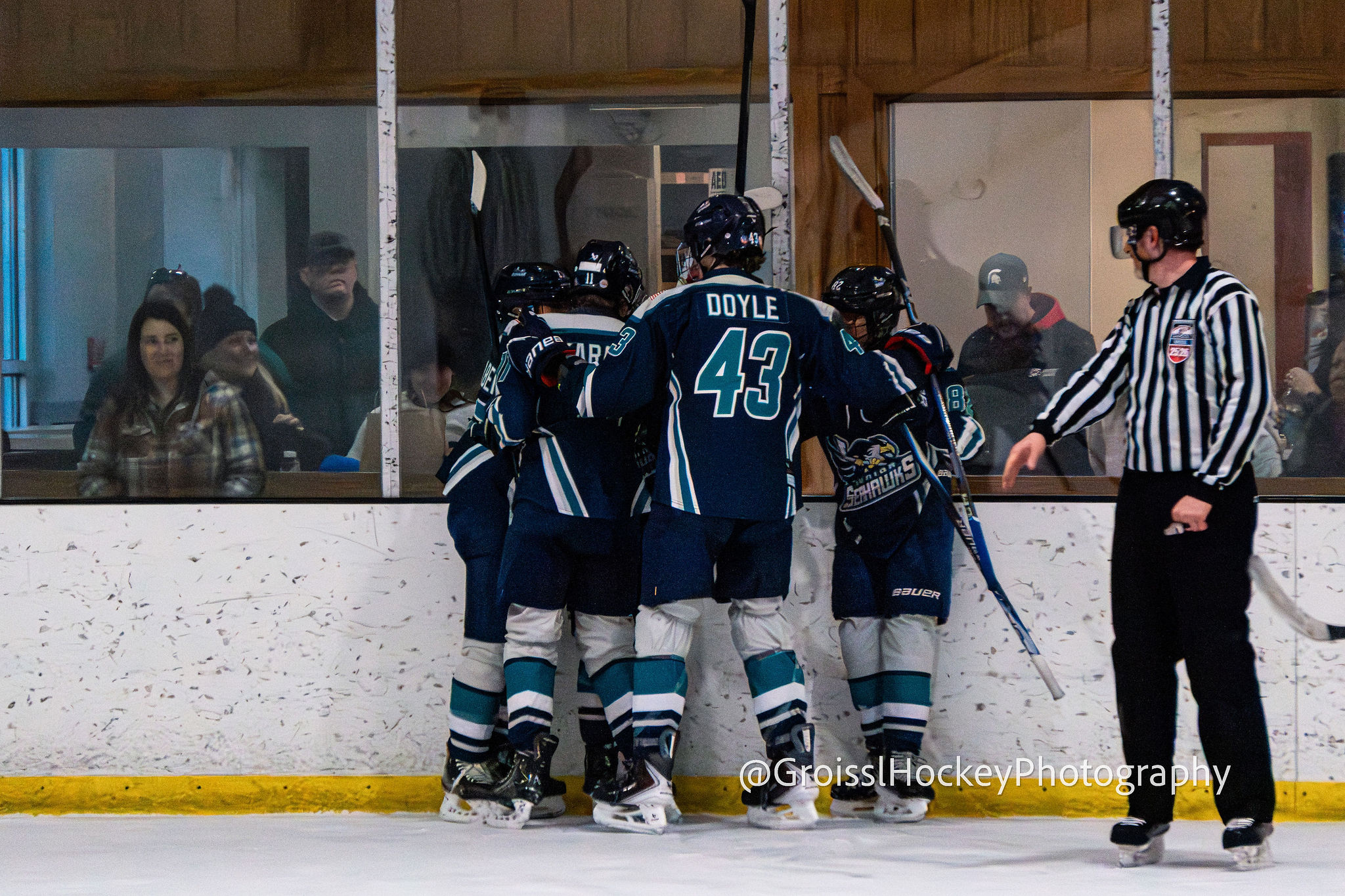 Jr. Seahawks game intensity in front of net at Triangle rink